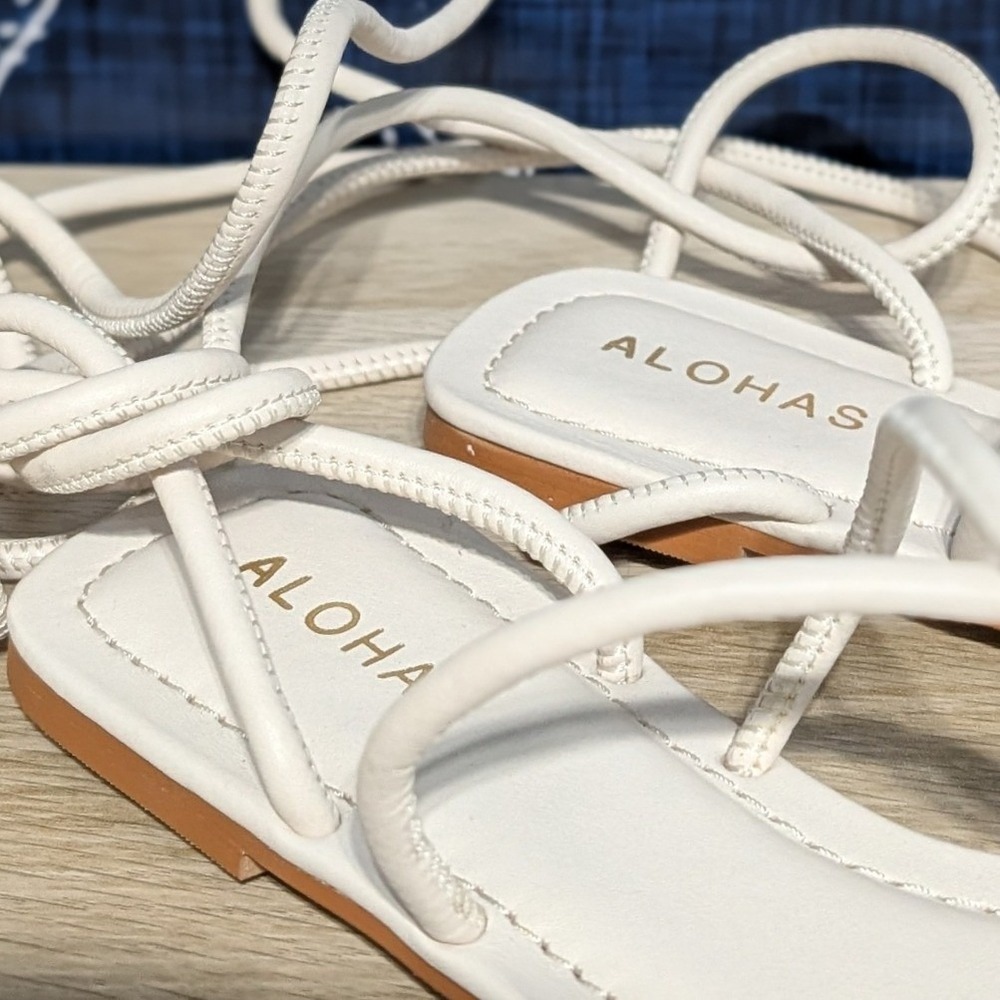 Alohas Leather Wrap Lace Up Square Toe Sandals White Women's Size 39 - Picture 5 of 8
